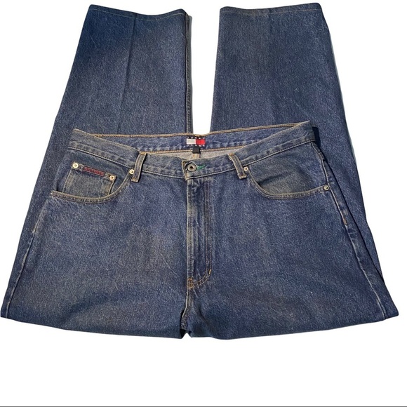 Vintage 90s Tommy Hilfiger Medium Wash Denim Baggy Jeans Men 36x30 Grunge Y2K - Picture 1 of 15